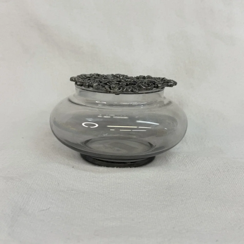 Vintage Pewter & Glass Trinket Potpourri Dish With 3D Roses & Leaves